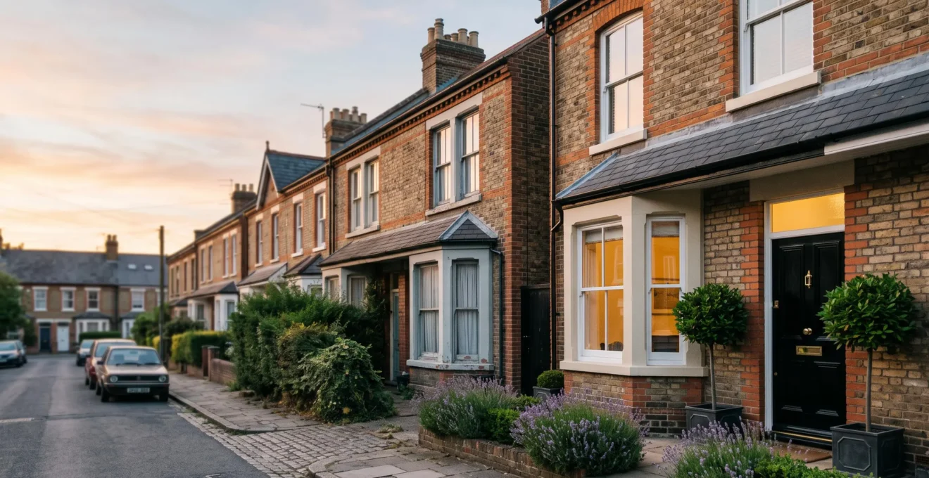 A row of British terraced houses at golden hour, one glowing warmly and inviting, illustrating the contrast between a home that sells quickly and one that lingers on the market