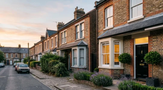 A row of British terraced houses at golden hour, one glowing warmly and inviting, illustrating the contrast between a home that sells quickly and one that lingers on the market