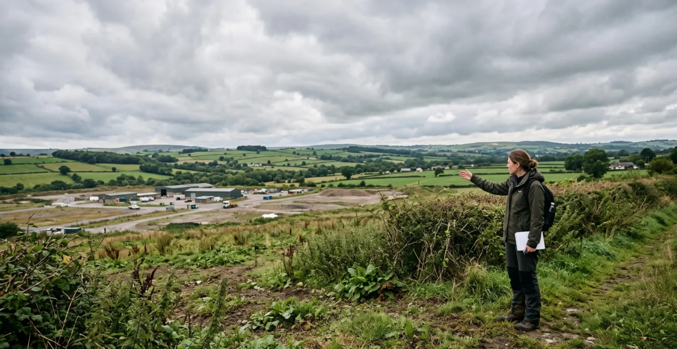 A developer and a planning consultant reviewing a large site map spread across a table at the edge of a mixed agricultural and brownfield plot in the English countryside