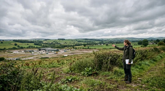 A developer and a planning consultant reviewing a large site map spread across a table at the edge of a mixed agricultural and brownfield plot in the English countryside