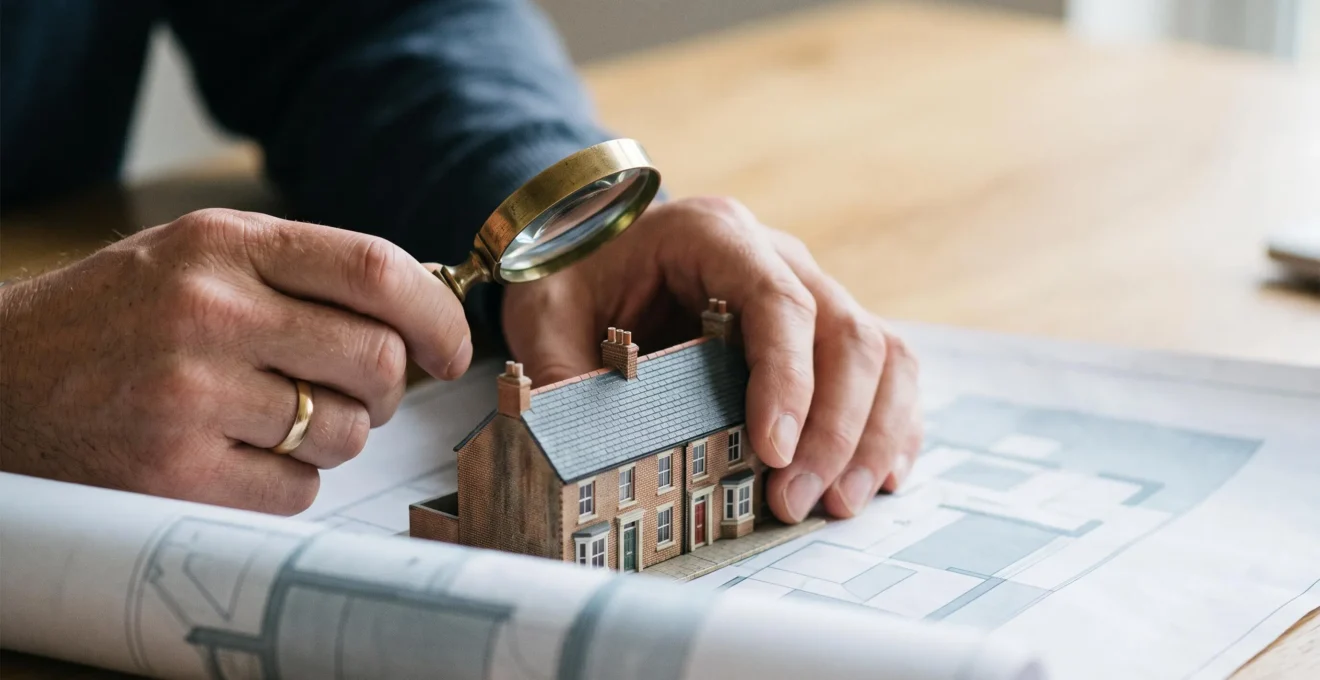 Hands holding a magnifying glass over a miniature house model resting on a blurred abstract architectural plan, symbolizing legal title verification before exchange of contracts