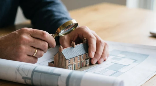 Hands holding a magnifying glass over a miniature house model resting on a blurred abstract architectural plan, symbolizing legal title verification before exchange of contracts