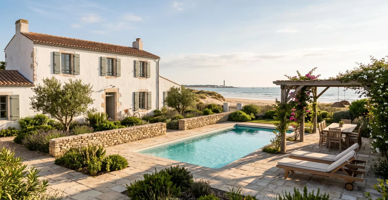 A whitewashed luxury villa with a pool and walled garden on the Île de Ré, with the sea visible in the background.