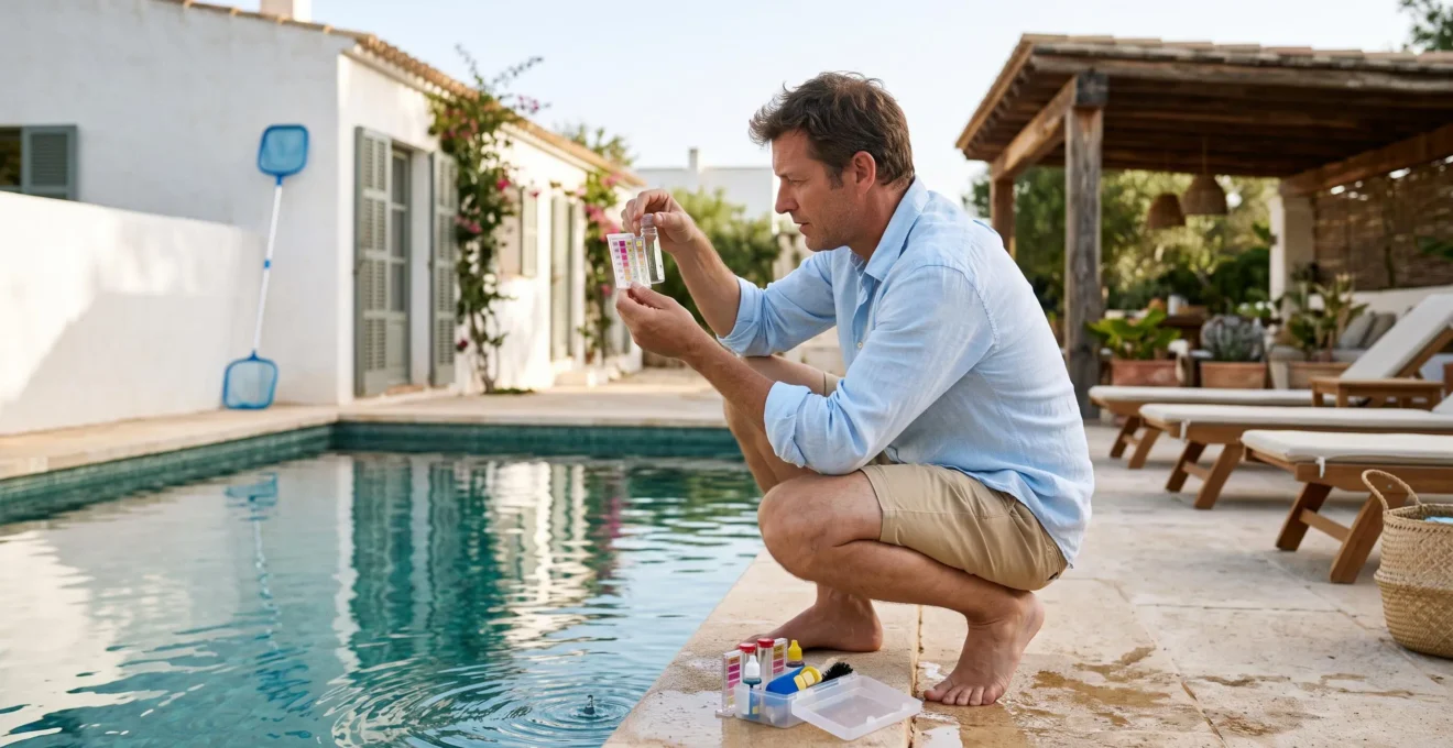 A villa manager testing the water quality of a private swimming pool at a property on the Île de Ré.
