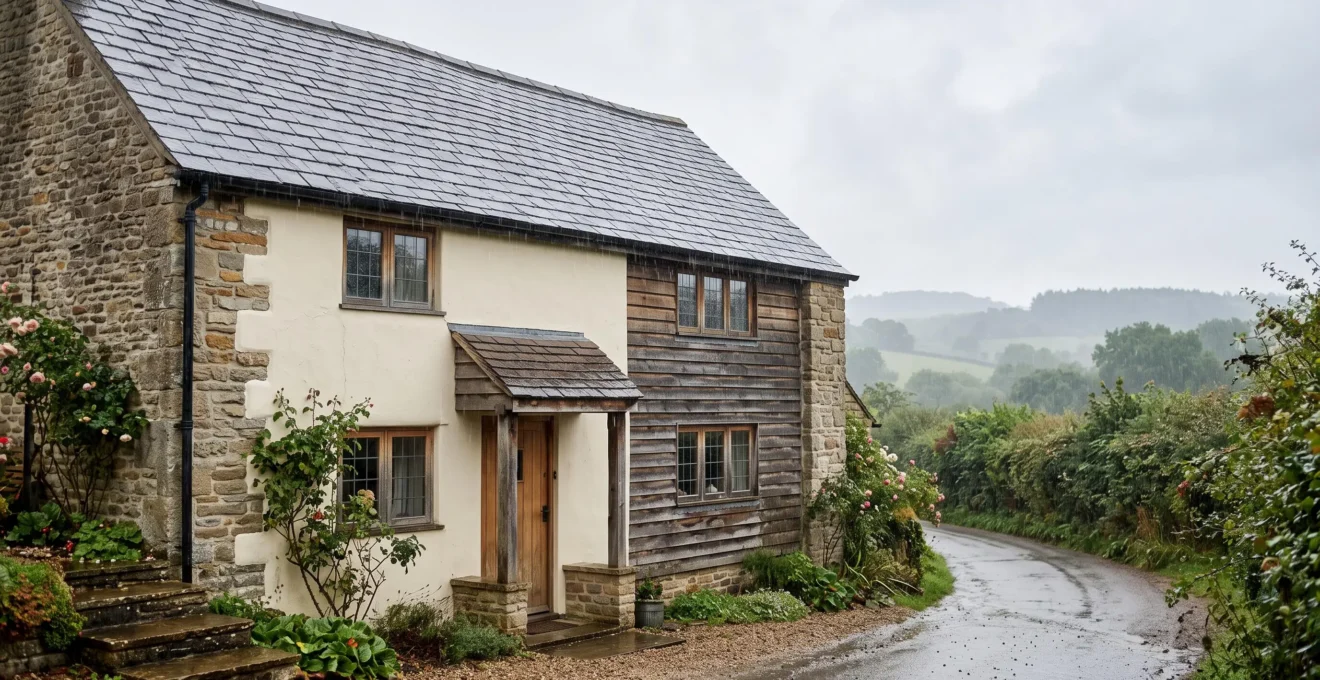A traditional English stone and render cottage exterior standing resilient under heavy rainfall, showcasing durable cladding textures
