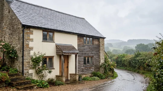 A traditional English stone and render cottage exterior standing resilient under heavy rainfall, showcasing durable cladding textures